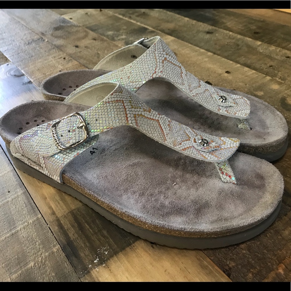 Worn ONCE Mephisto sandals. Iridescent snake